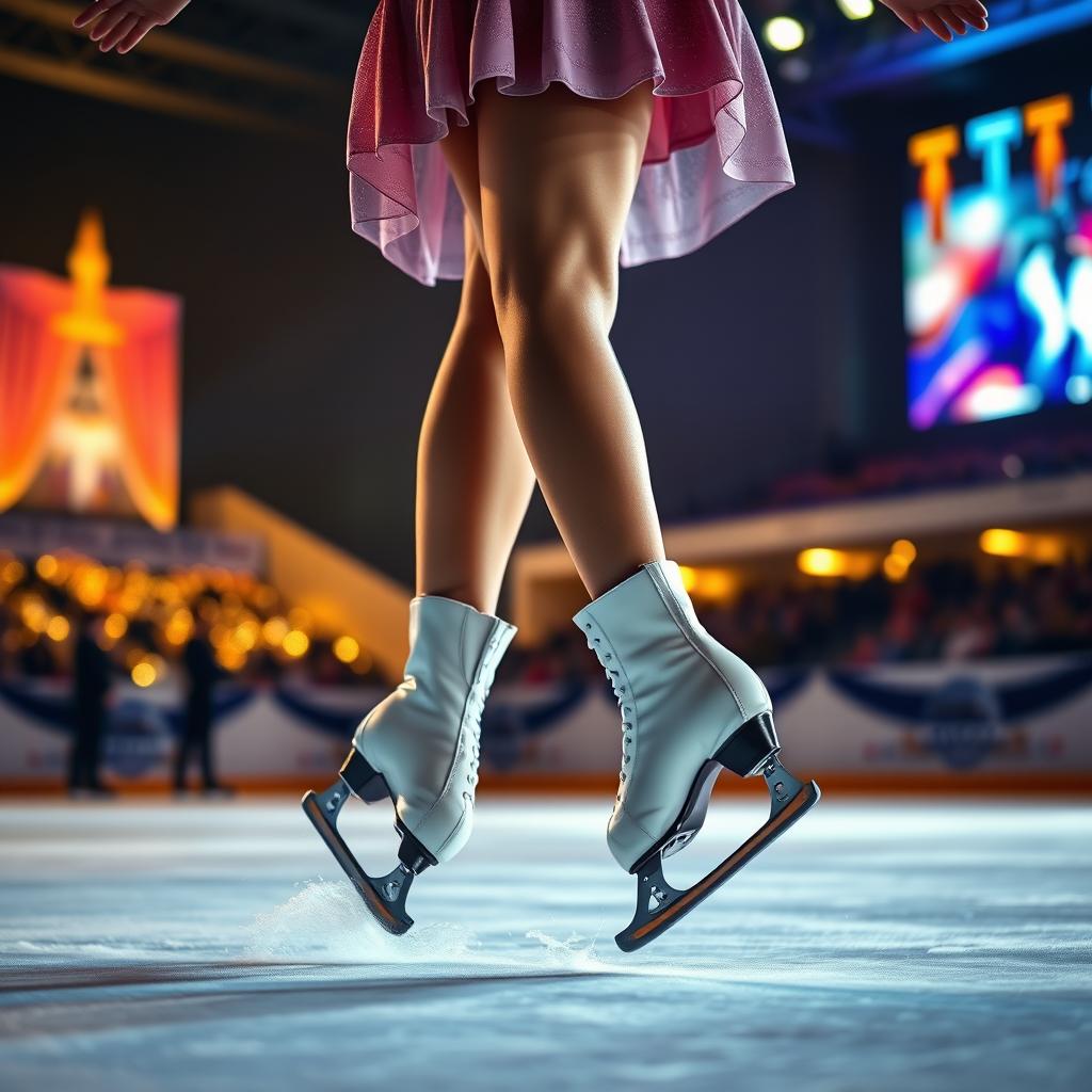 A captivating scene depicting a girl's legs in motion while ice skating during a nighttime competition