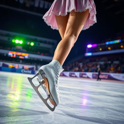 A captivating scene depicting a girl's legs in motion while ice skating during a nighttime competition