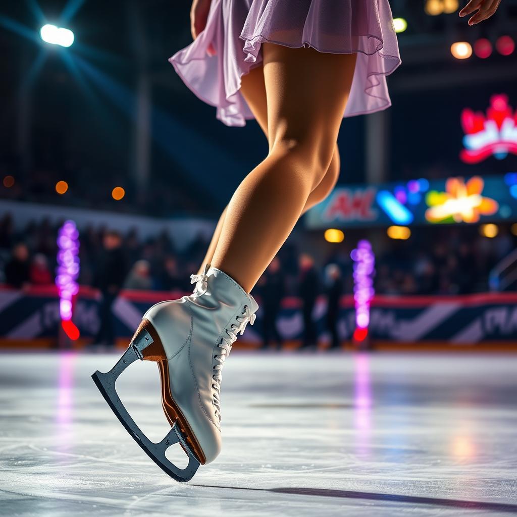 A captivating scene depicting a girl's legs in motion while ice skating during a nighttime competition