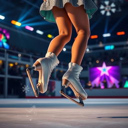 A captivating scene depicting a girl's legs in motion while ice skating during a nighttime competition