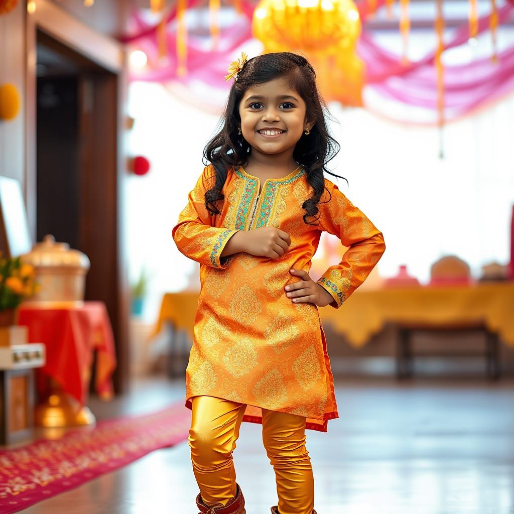 A vibrant and cheerful scene featuring a young Indian girl wearing tight golden leggings and a beautifully designed silk kurta