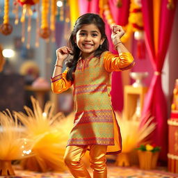 A vibrant and cheerful scene featuring a young Indian girl wearing tight golden leggings and a beautifully designed silk kurta