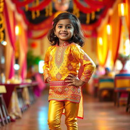 A vibrant and cheerful scene featuring a young Indian girl wearing tight golden leggings and a beautifully designed silk kurta