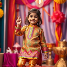 A vibrant and cheerful scene featuring a young Indian girl wearing tight golden leggings and a beautifully designed silk kurta