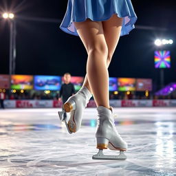 The legs of a girl skating with ice skates during a night competition, showcasing her graceful movement and the shimmering ice under bright spotlights