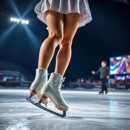 The legs of a girl skating with ice skates during a night competition, showcasing her graceful movement and the shimmering ice under bright spotlights