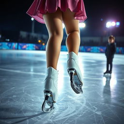 The legs of a girl skating with ice skates during a night competition, showcasing her graceful movement and the shimmering ice under bright spotlights