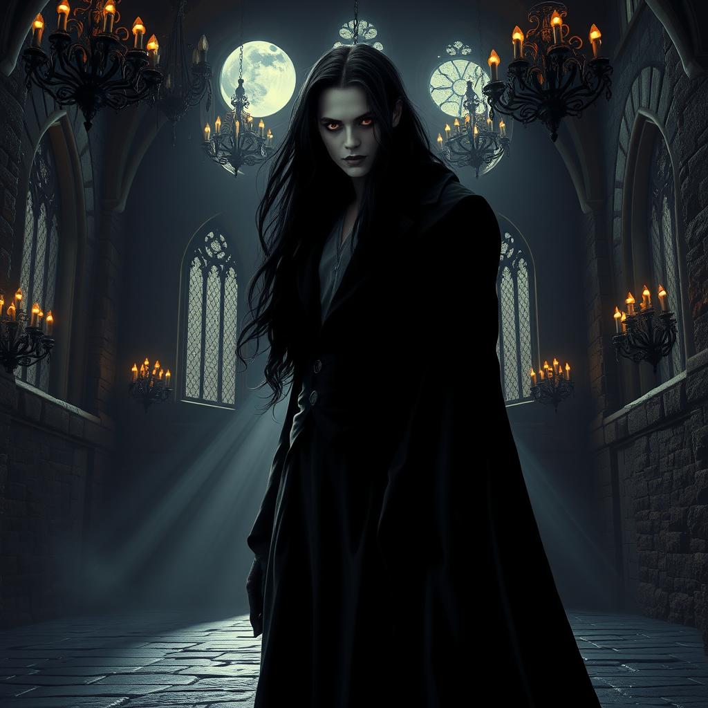 A mysterious and elegant vampire standing in a dimly lit gothic castle, with ornate chandeliers and ancient stone walls