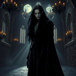 A mysterious and elegant vampire standing in a dimly lit gothic castle, with ornate chandeliers and ancient stone walls