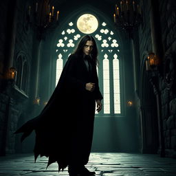 A mysterious and elegant vampire standing in a dimly lit gothic castle, with ornate chandeliers and ancient stone walls