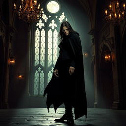 A mysterious and elegant vampire standing in a dimly lit gothic castle, with ornate chandeliers and ancient stone walls