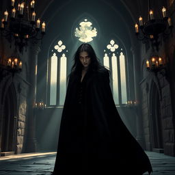 A mysterious and elegant vampire standing in a dimly lit gothic castle, with ornate chandeliers and ancient stone walls