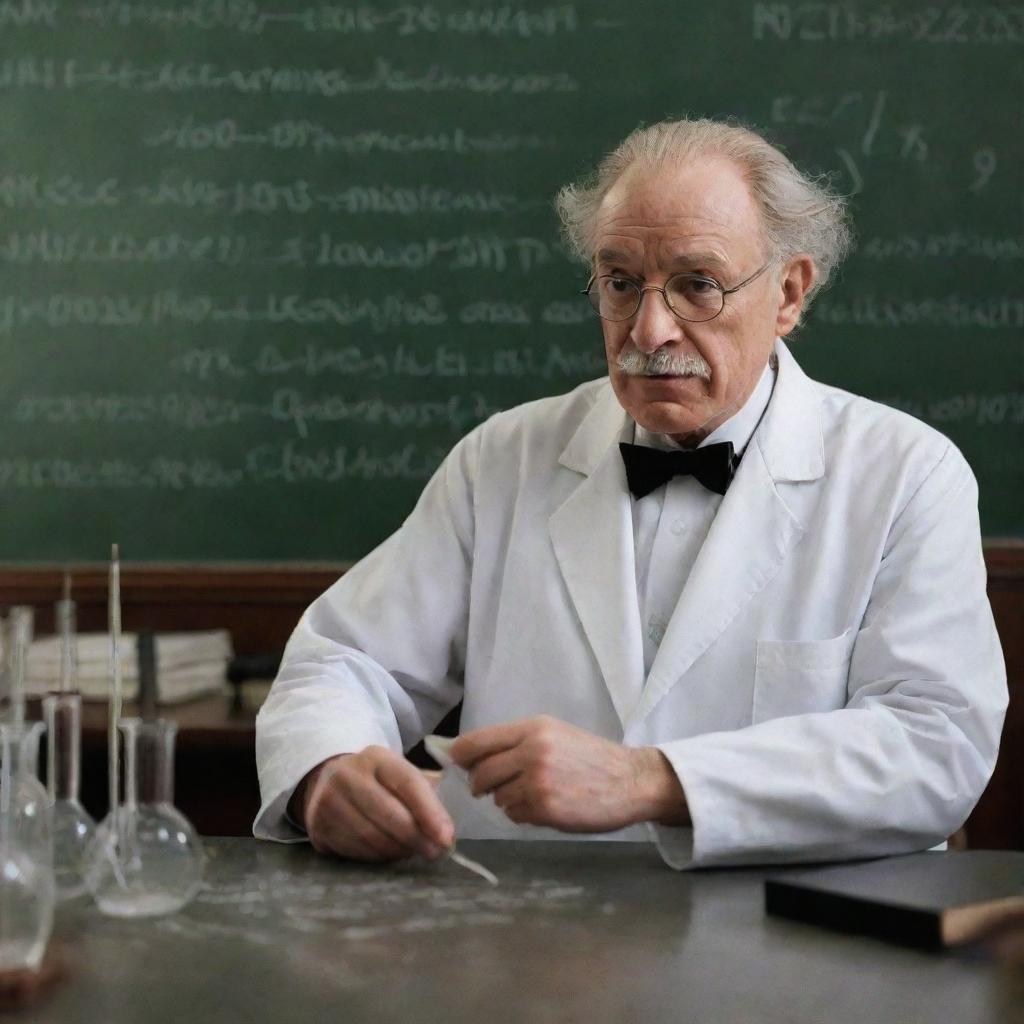 A grandiose portrayal of the world's greatest scientist working in a sophisticated lab surrounded by complex equations