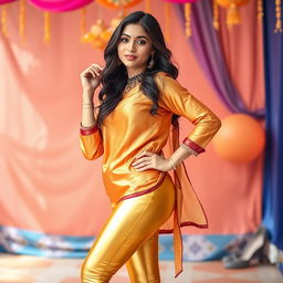 A stylish full-body shot of a young Indian woman wearing tight golden leggings and a silk kurta