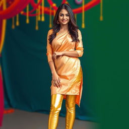 A stylish full-body shot of a young Indian woman wearing tight golden leggings and a silk kurta