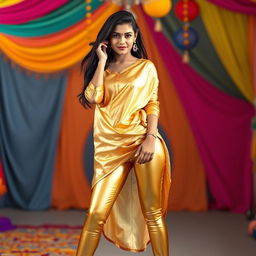 A stylish full-body shot of a young Indian woman wearing tight golden leggings and a silk kurta