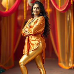 A stylish full-body shot of a young Indian woman wearing tight golden leggings and a silk kurta