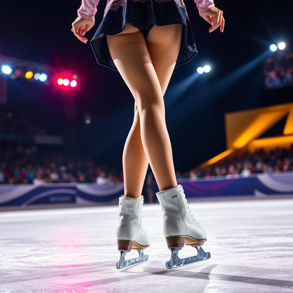 The legs of a girl skating with ice skates during a night competition, beautifully lit by colorful spotlights reflecting off the ice surface