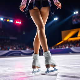 The legs of a girl skating with ice skates during a night competition, beautifully lit by colorful spotlights reflecting off the ice surface