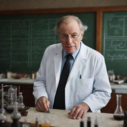 A grandiose portrayal of the world's greatest scientist working in a sophisticated lab surrounded by complex equations