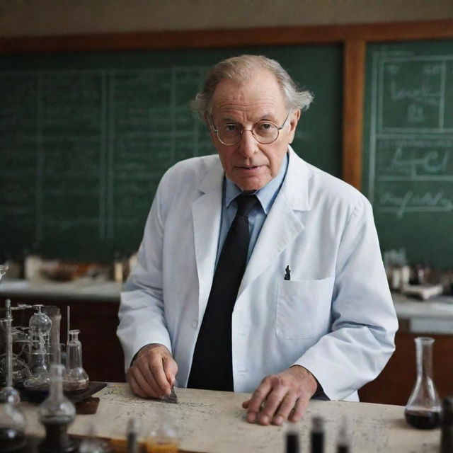 A grandiose portrayal of the world's greatest scientist working in a sophisticated lab surrounded by complex equations