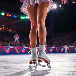 The legs of a girl skating with ice skates during a night competition, beautifully lit by colorful spotlights reflecting off the ice surface