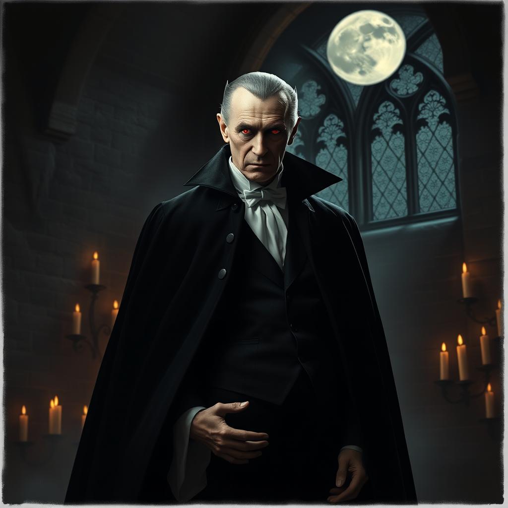 A dramatic and atmospheric portrait of Count Dracula, featuring a tall, pale figure dressed in a classic black cape and formal attire, with sharp fangs subtly visible, standing in a dark gothic castle setting