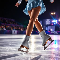 The legs of a girl skating with ice skates during a night competition, beautifully lit by colorful spotlights reflecting off the ice surface