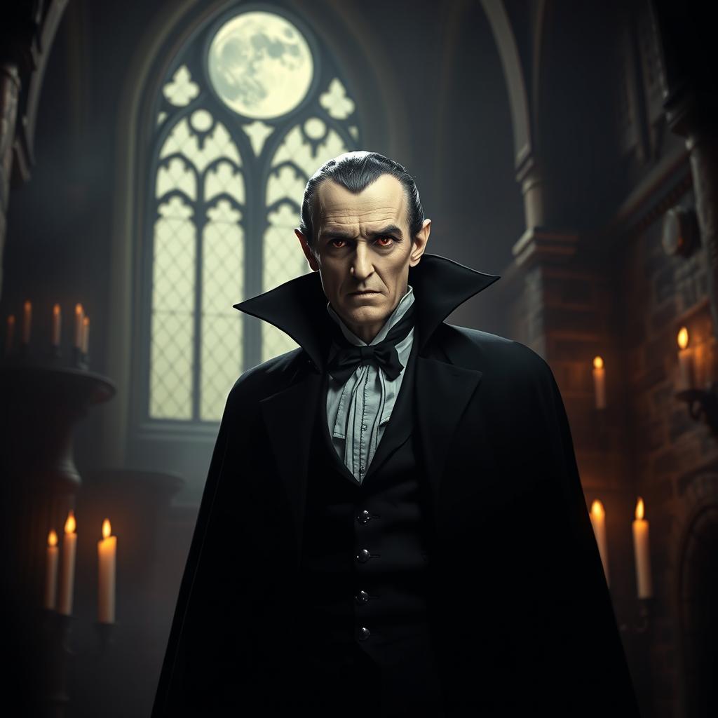 A dramatic and atmospheric portrait of Count Dracula, featuring a tall, pale figure dressed in a classic black cape and formal attire, with sharp fangs subtly visible, standing in a dark gothic castle setting