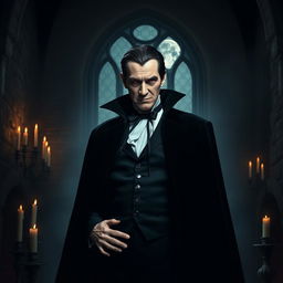 A dramatic and atmospheric portrait of Count Dracula, featuring a tall, pale figure dressed in a classic black cape and formal attire, with sharp fangs subtly visible, standing in a dark gothic castle setting