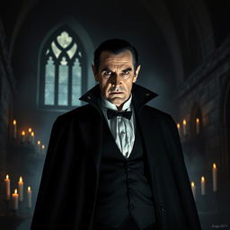 A dramatic and atmospheric portrait of Count Dracula, featuring a tall, pale figure dressed in a classic black cape and formal attire, with sharp fangs subtly visible, standing in a dark gothic castle setting