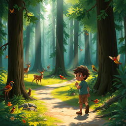 A curious young boy named Kofi walking along a forest trail, mesmerized by the tall trees and wild animals around him, such as deer and colorful birds