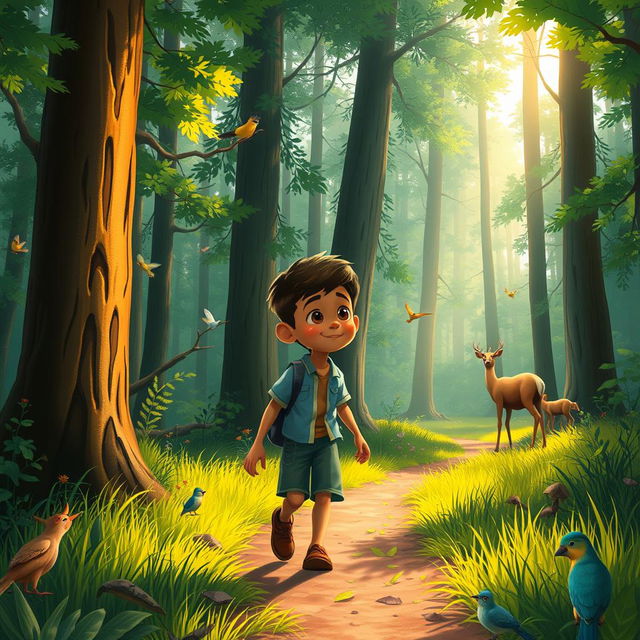 A curious young boy named Kofi walking along a forest trail, mesmerized by the tall trees and wild animals around him, such as deer and colorful birds