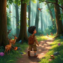 A curious young boy named Kofi walking along a forest trail, mesmerized by the tall trees and wild animals around him, such as deer and colorful birds