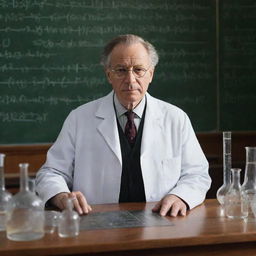 A grandiose portrayal of the world's greatest scientist working in a sophisticated lab surrounded by complex equations