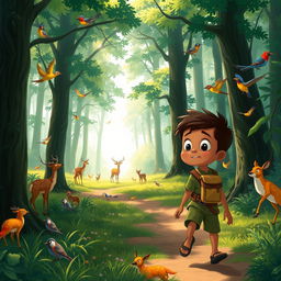 A curious young boy named Kofi walking along a forest trail, mesmerized by the tall trees and wild animals around him, such as deer and colorful birds