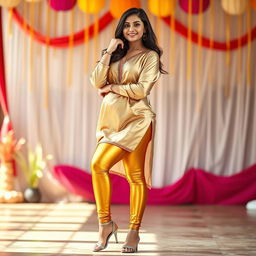 A fashionable full-body shot of a young Indian woman wearing tight golden leggings and a silk kurta, posing with confidence