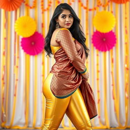 A fashionable full-body shot of a young Indian woman wearing tight golden leggings and a silk kurta, posing with confidence