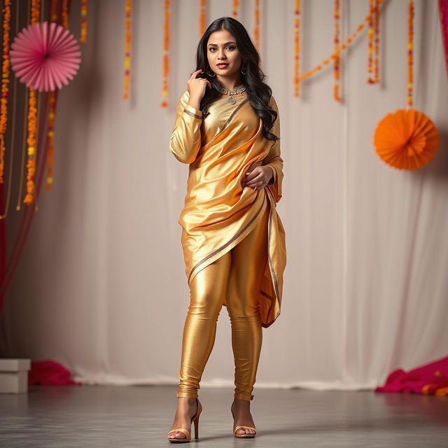 A fashionable full-body shot of a young Indian woman wearing tight golden leggings and a silk kurta, posing with confidence