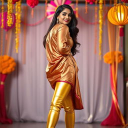 A fashionable full-body shot of a young Indian woman wearing tight golden leggings and a silk kurta, posing with confidence