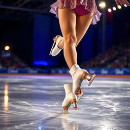 A girl skating on ice with ice skates during a nighttime competition