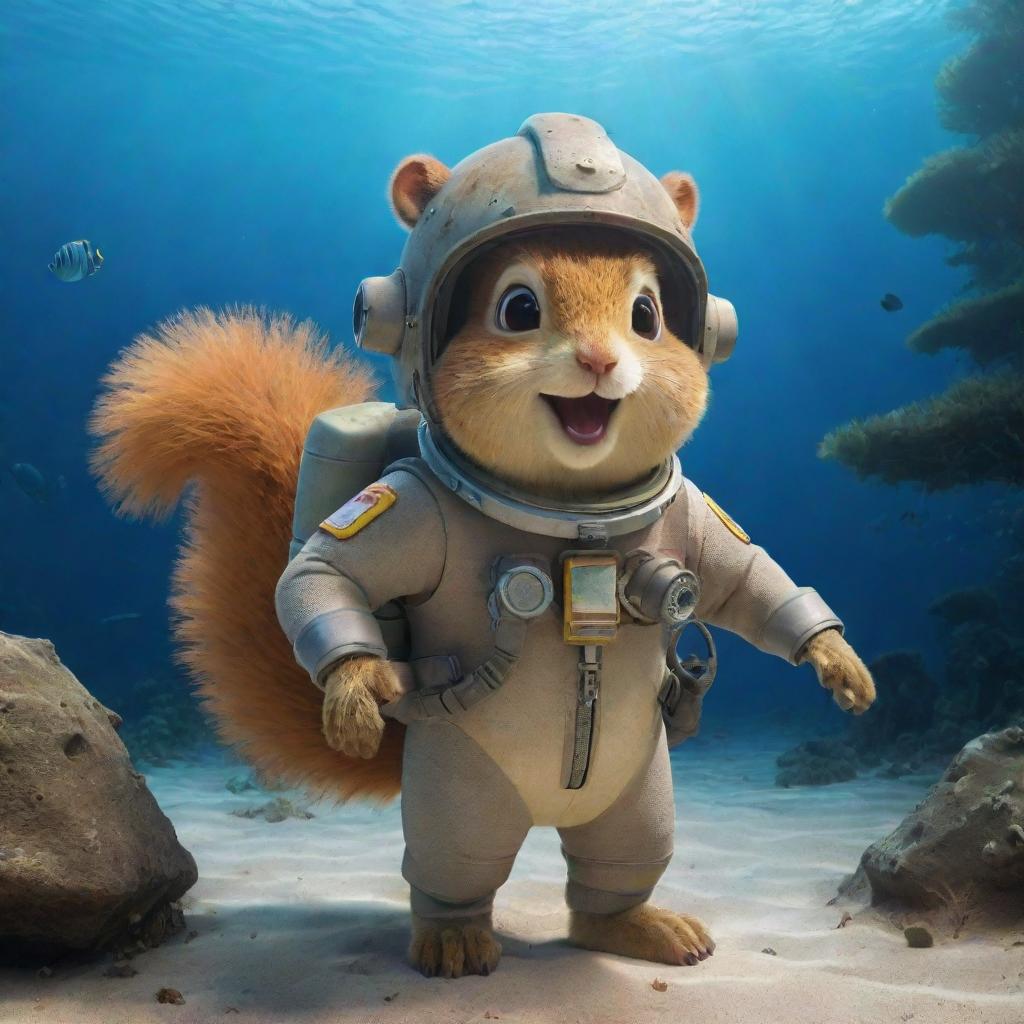 Sandy Cheeks from SpongeBob SquarePants, a talented squirrel in a diving suit, with a helmet showing her eager face, in her treedome under the ocean