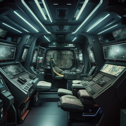 The interior of a futuristic commando's van, equipped with state-of-the-art navigation systems, advanced surveillance equipment, armored seats and high security weapon storage facilities.