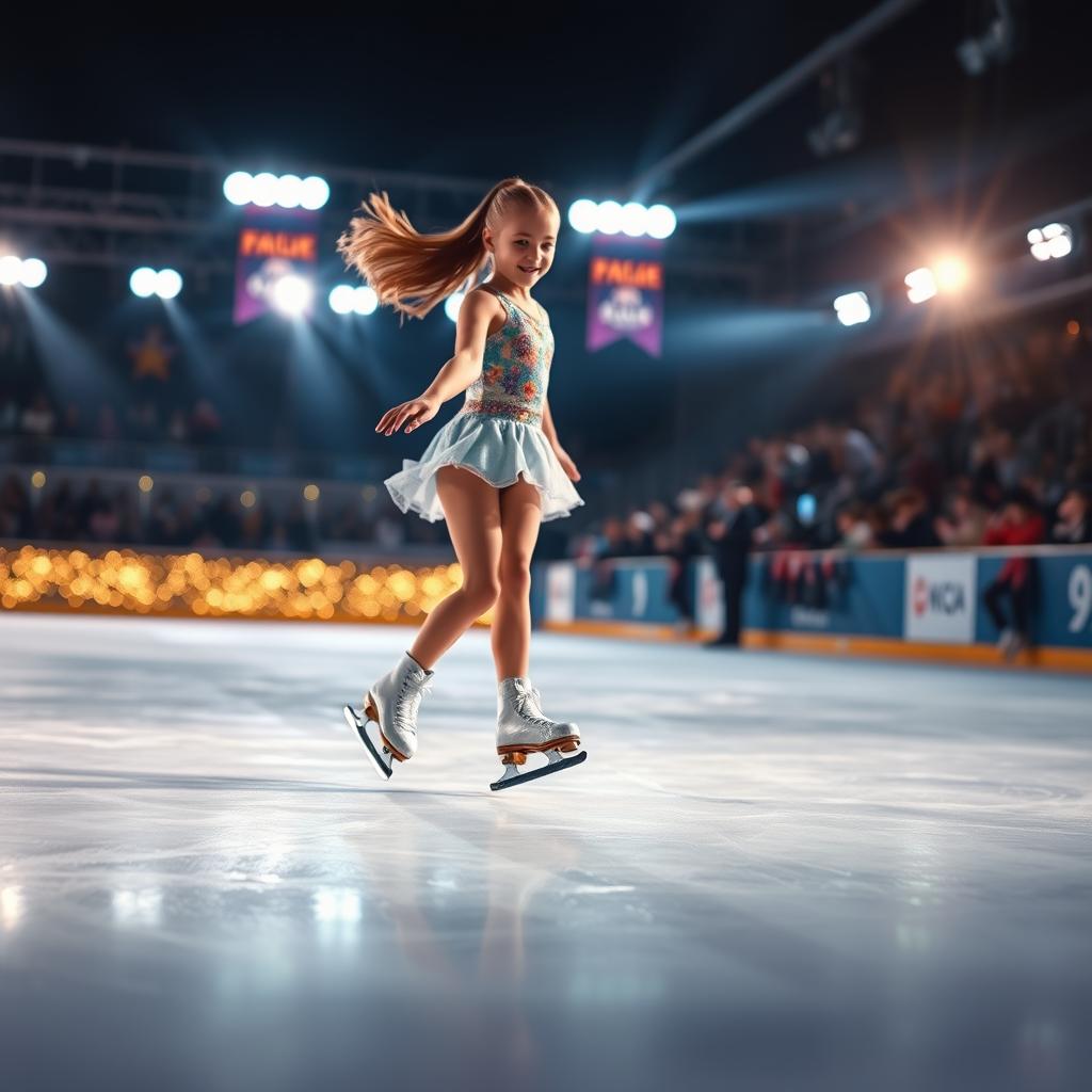 A girl skating on ice with ice skates during a nighttime competition