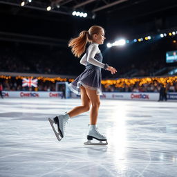 A girl skating on ice with ice skates during a nighttime competition