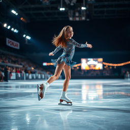 A girl skating on ice with ice skates during a nighttime competition