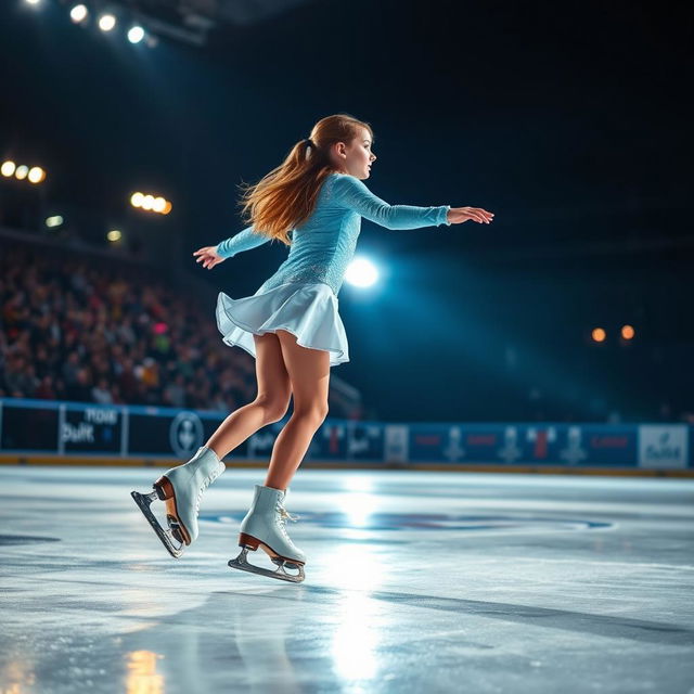 A girl skating on ice with ice skates during a nighttime competition