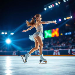 A girl skating gracefully on ice with ice skates during a nighttime competition