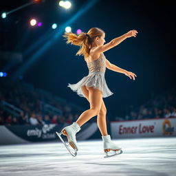 A girl skating gracefully on ice with ice skates during a nighttime competition