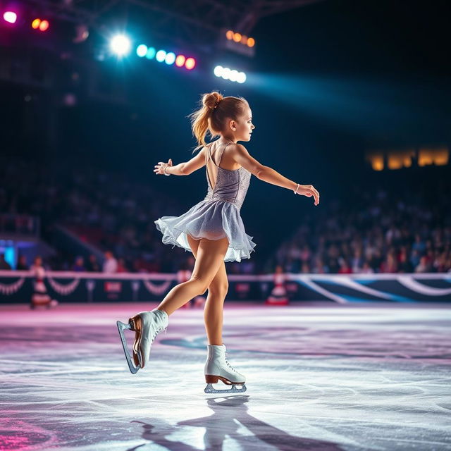 A girl skating gracefully on ice with ice skates during a nighttime competition